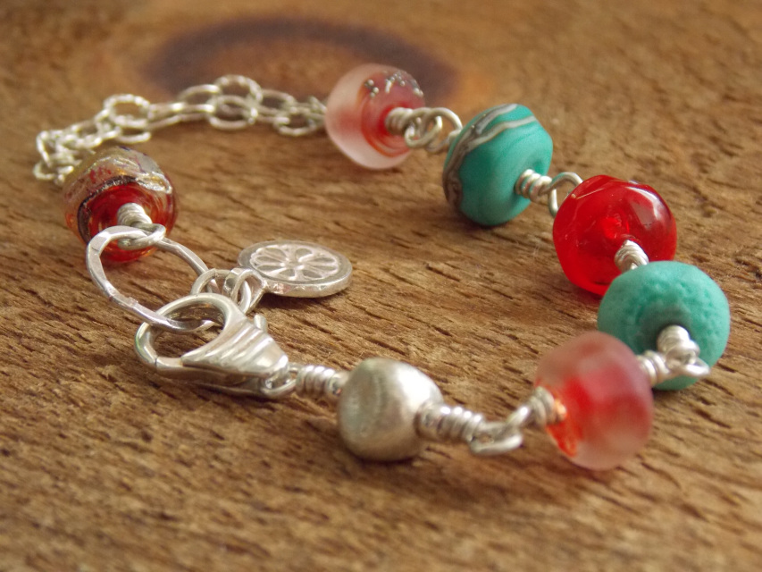 Red and Mint glass sterling silver handmade bracelet